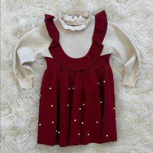 Toddler Dress- Cream Knit Top with Red Pearl-Embellished Pinafore Dress